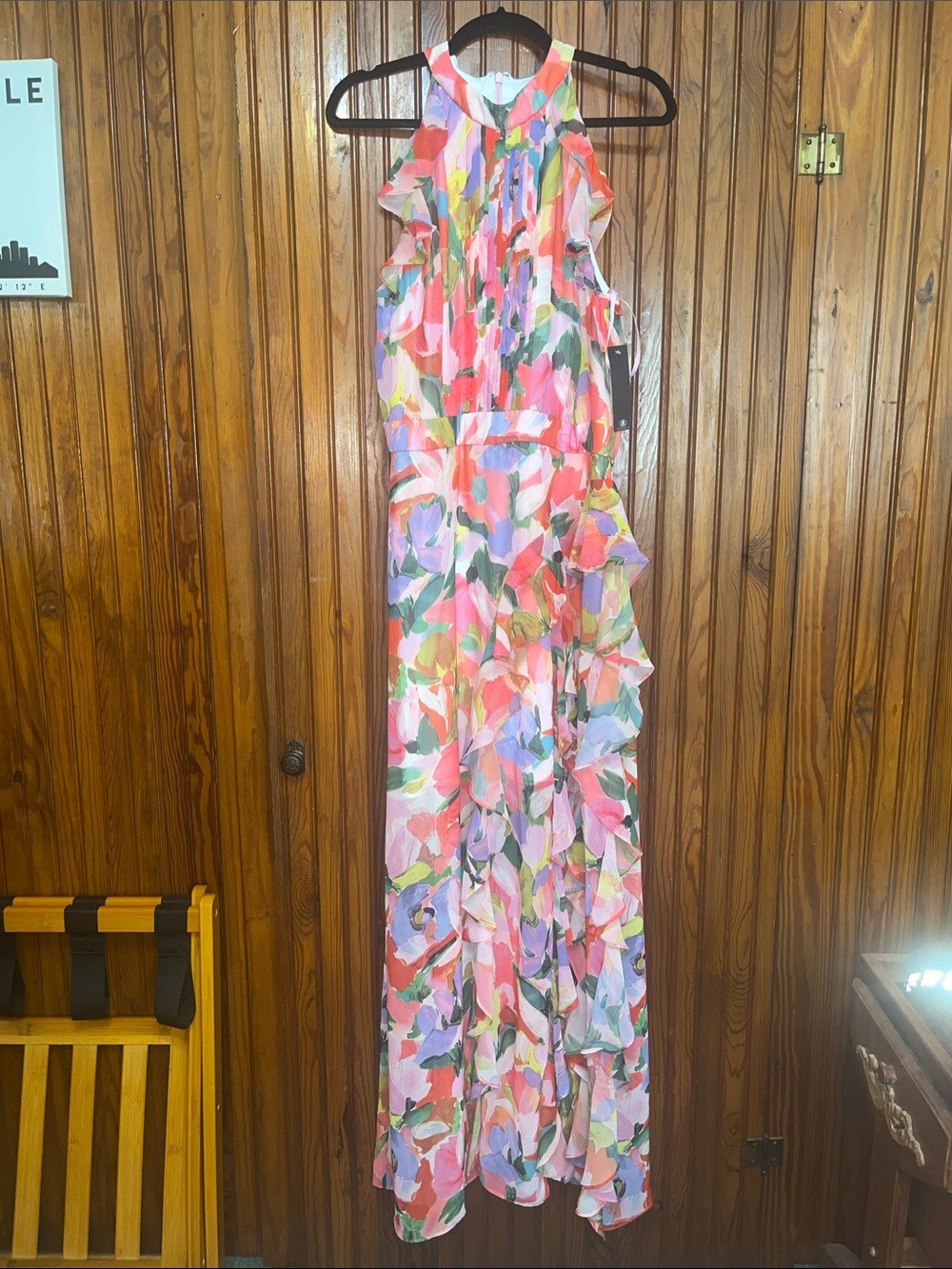Betsy & Adam Multicolor Floral Halter Ruffle Maxi Dress
